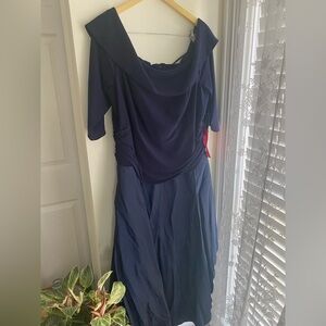 NWT Jessica Howard Navy Blue Fit Flare Off Shoulder Dress Cowl Neck 3/4 Sleeve